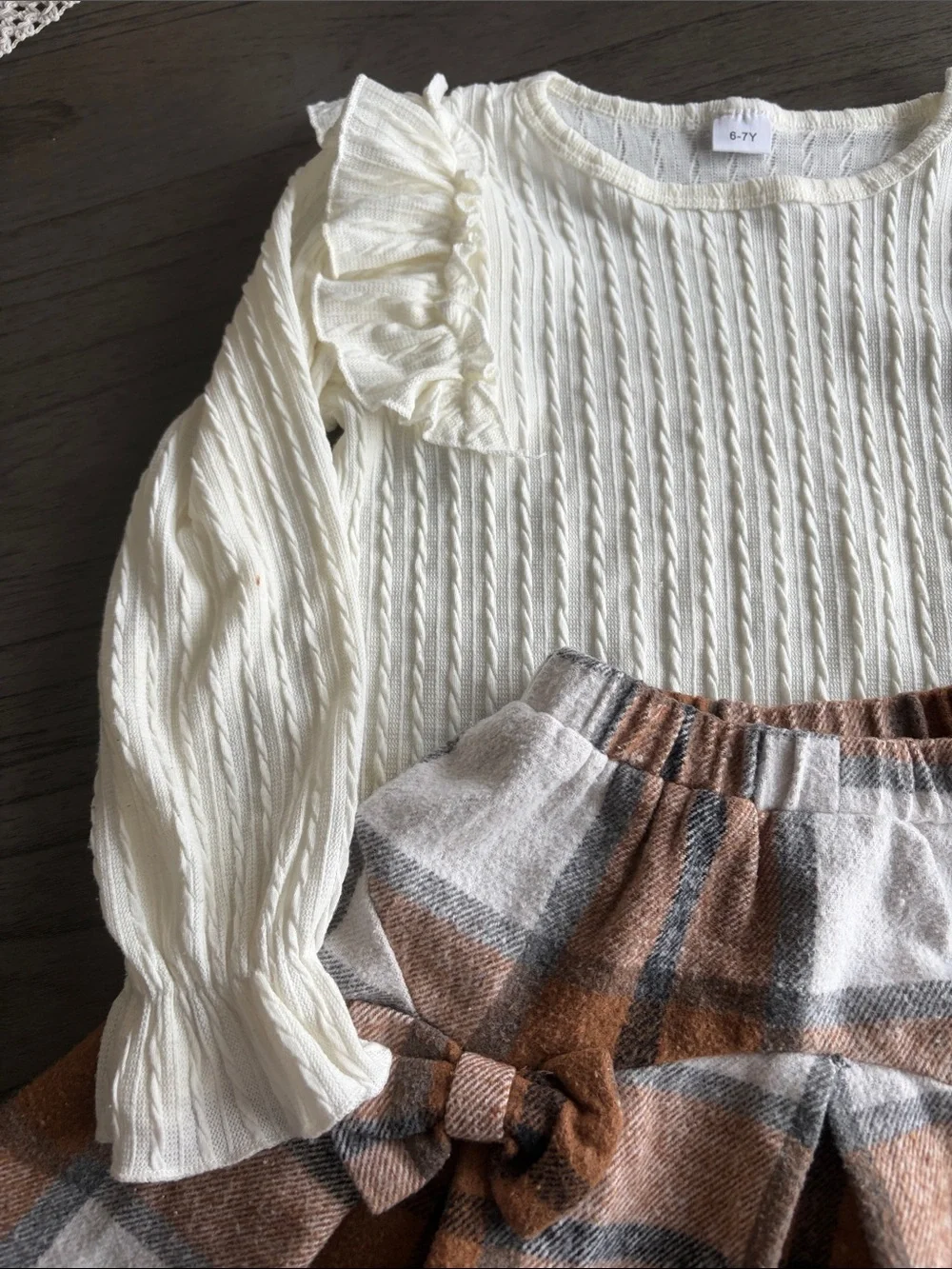 Girls Cream Knit Top and Brown Plaid Skirt Set -